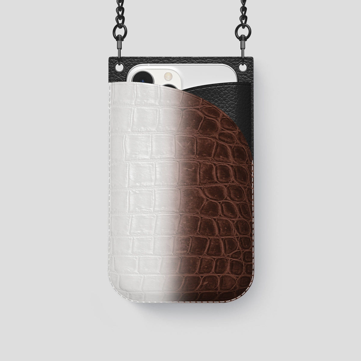 Dark Brown iPhone 14 Pro Crossbody Bag Himalayan Crocodile with Black Metal -1 | Dark-Brown-Black