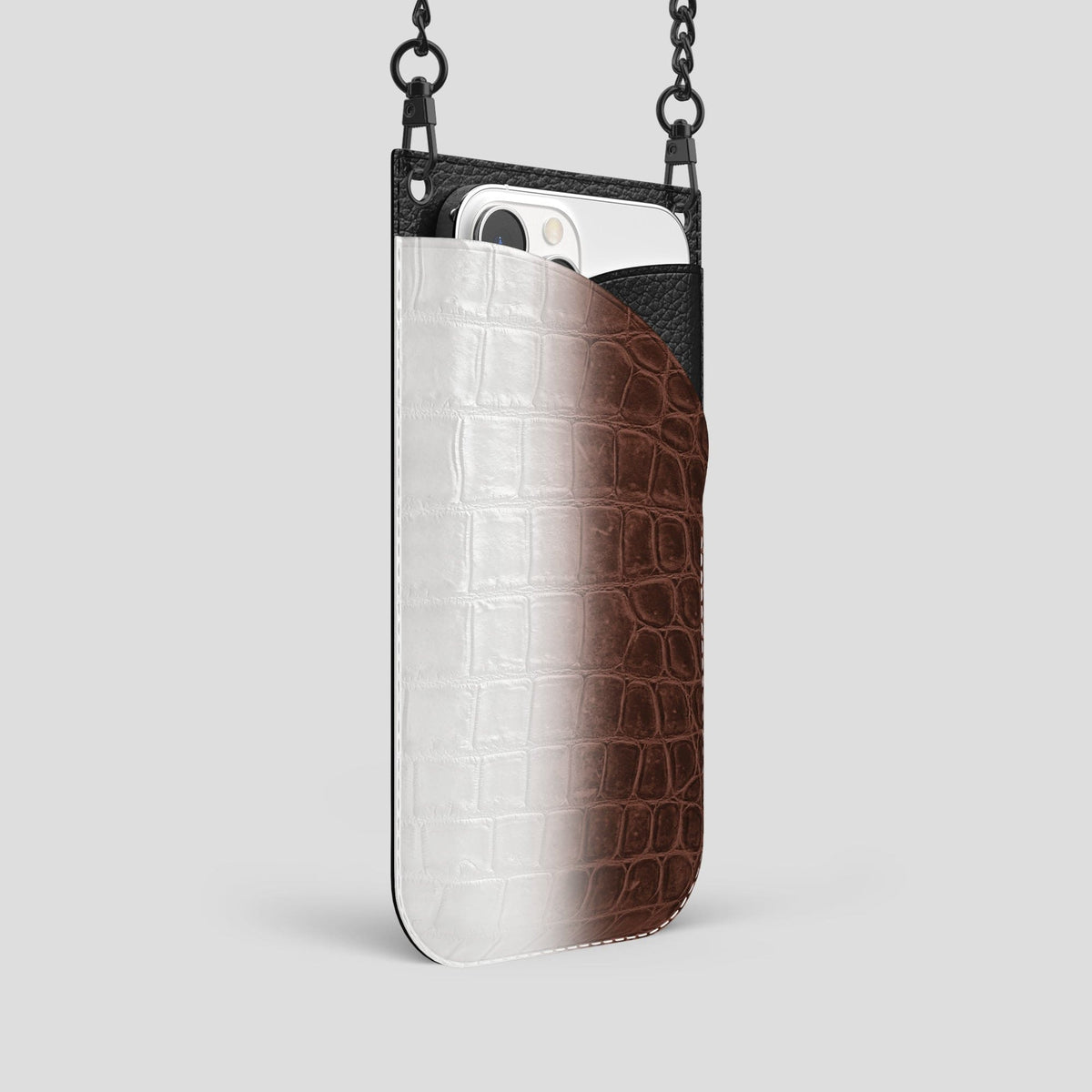Dark Brown iPhone 14 Pro Crossbody Bag Himalayan Crocodile with Black Metal -2 | Dark-Brown-Black