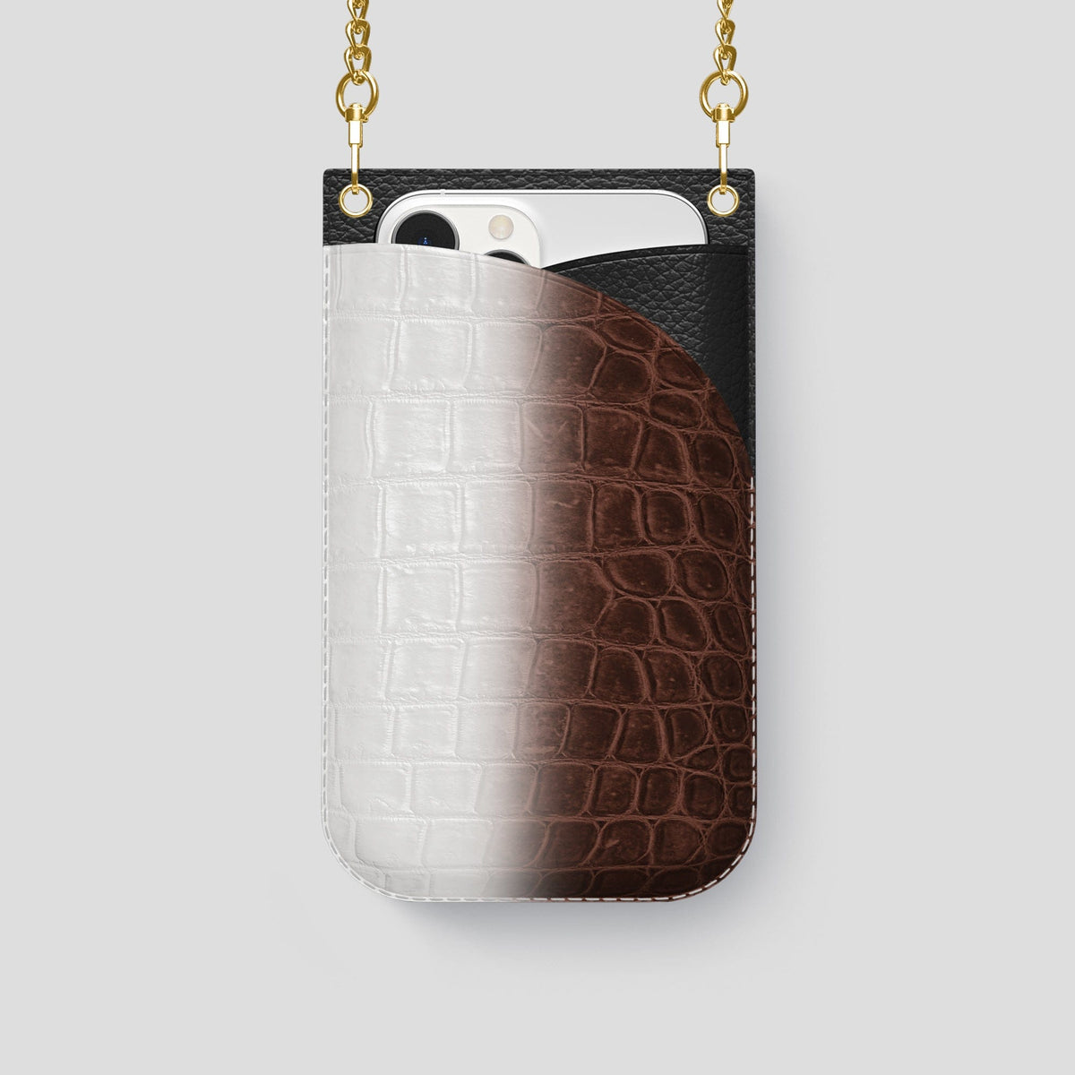 Dark Brown iPhone 14 Pro Crossbody Bag Himalayan Crocodile with Gold Metal -1 | Dark-Brown-Gold