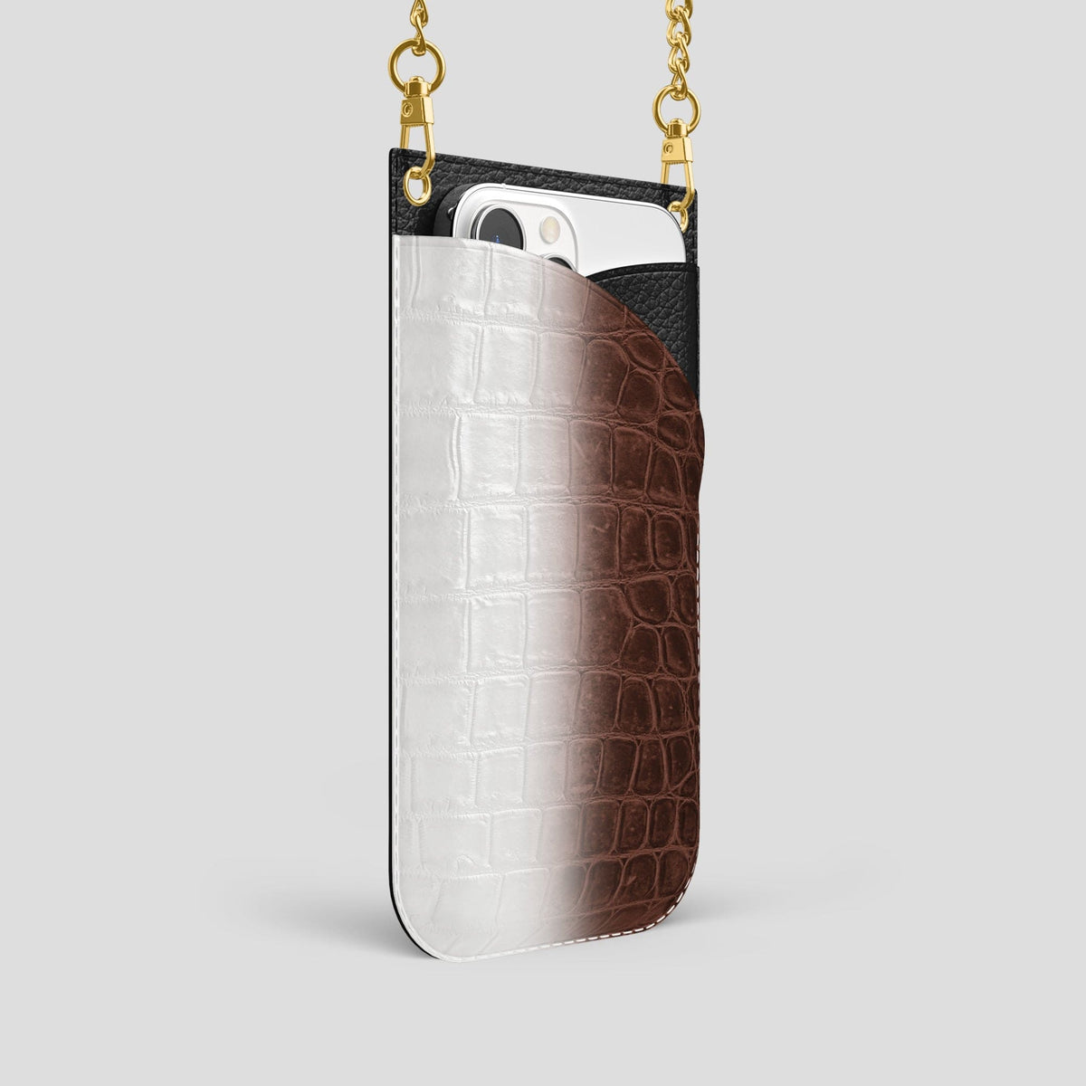 Dark Brown iPhone 14 Pro Crossbody Bag Himalayan Crocodile with Gold Metal -2 | Dark-Brown-Gold