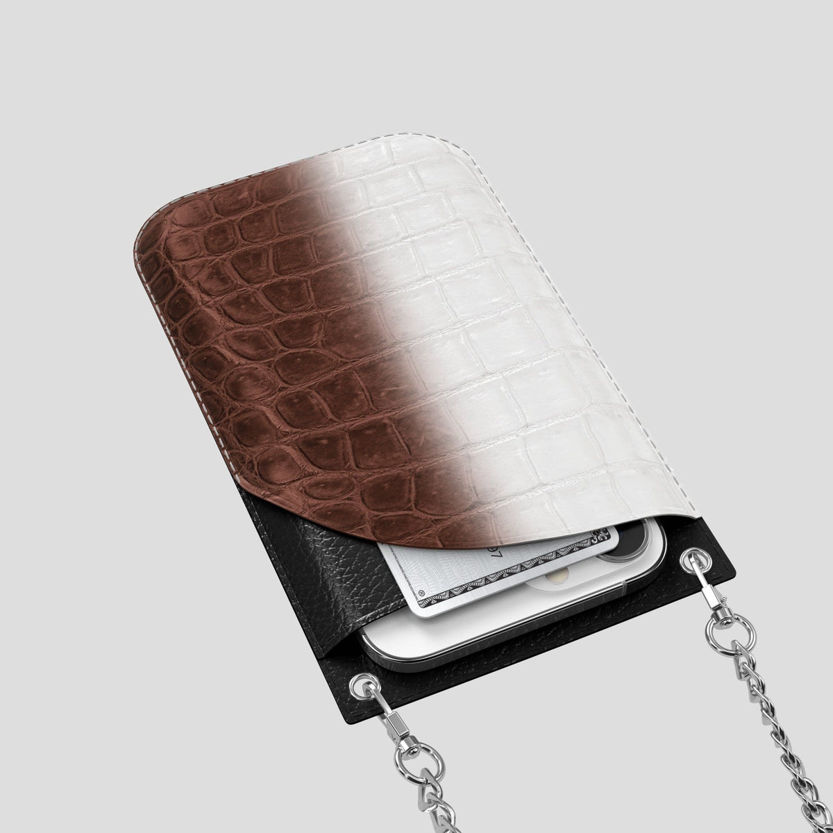 Dark Brown iPhone 14 Pro Crossbody Bag Himalayan Crocodile with Steel Metal -5 | Dark-Brown-Steel