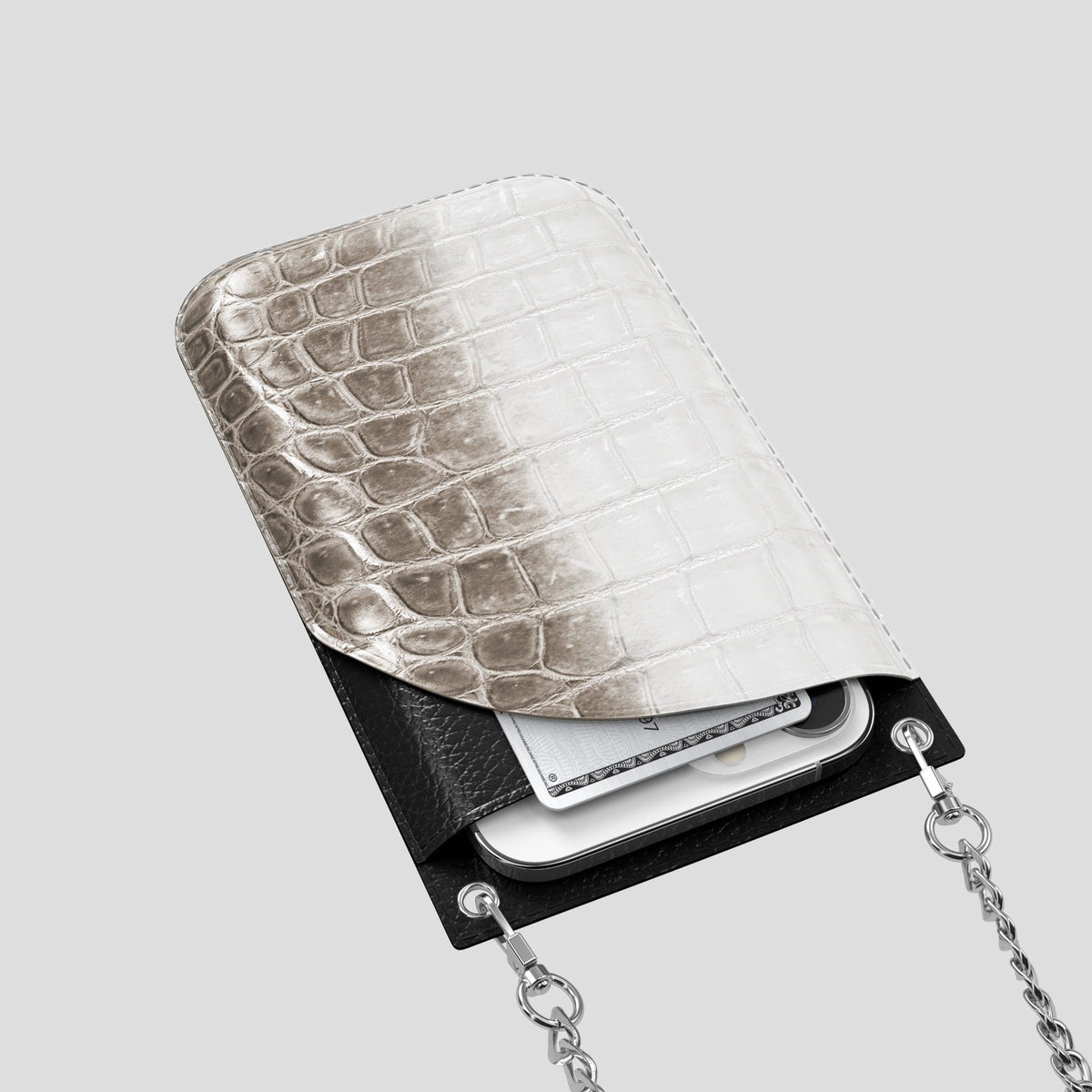 Dark iPhone 14 Pro Crossbody Bag Himalayan Crocodile with Steel Metal -5 | Dark-Steel