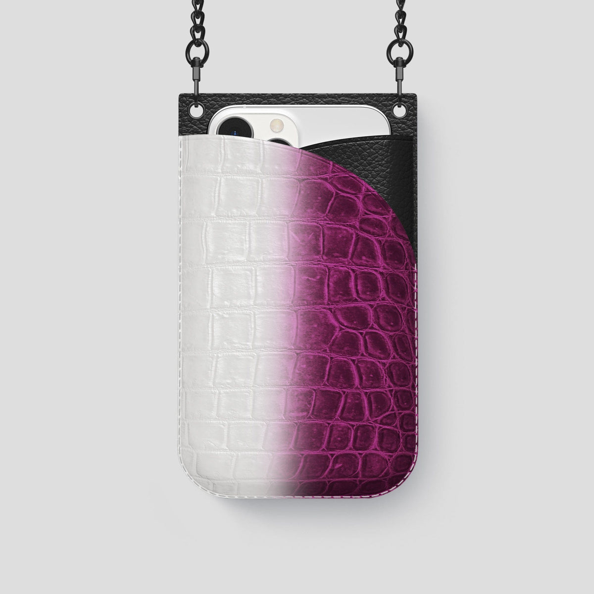 Fuchsia iPhone 14 Pro Crossbody Bag Himalayan Crocodile with Black Metal -1 | Fuchsia-Black