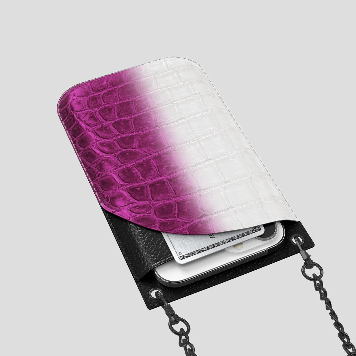Fuchsia iPhone 14 Pro Crossbody Bag Himalayan Crocodile with Black Metal -5 | Fuchsia-Black