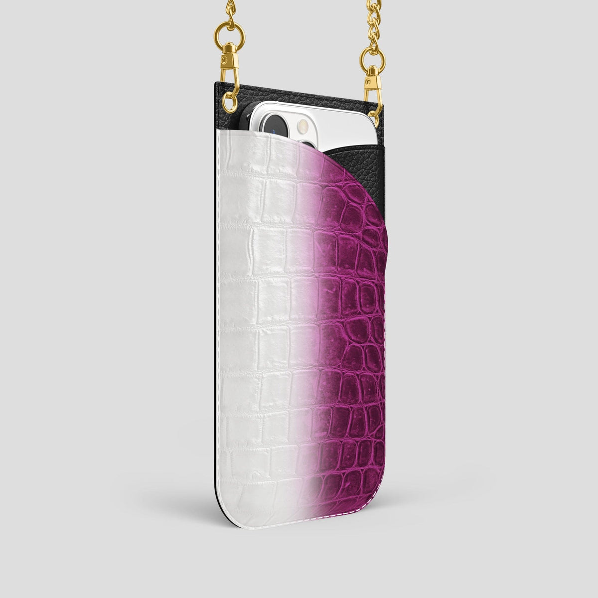 Fuchsia iPhone 14 Pro Crossbody Bag Himalayan Crocodile with Gold Metal -2 | Fuchsia-Gold