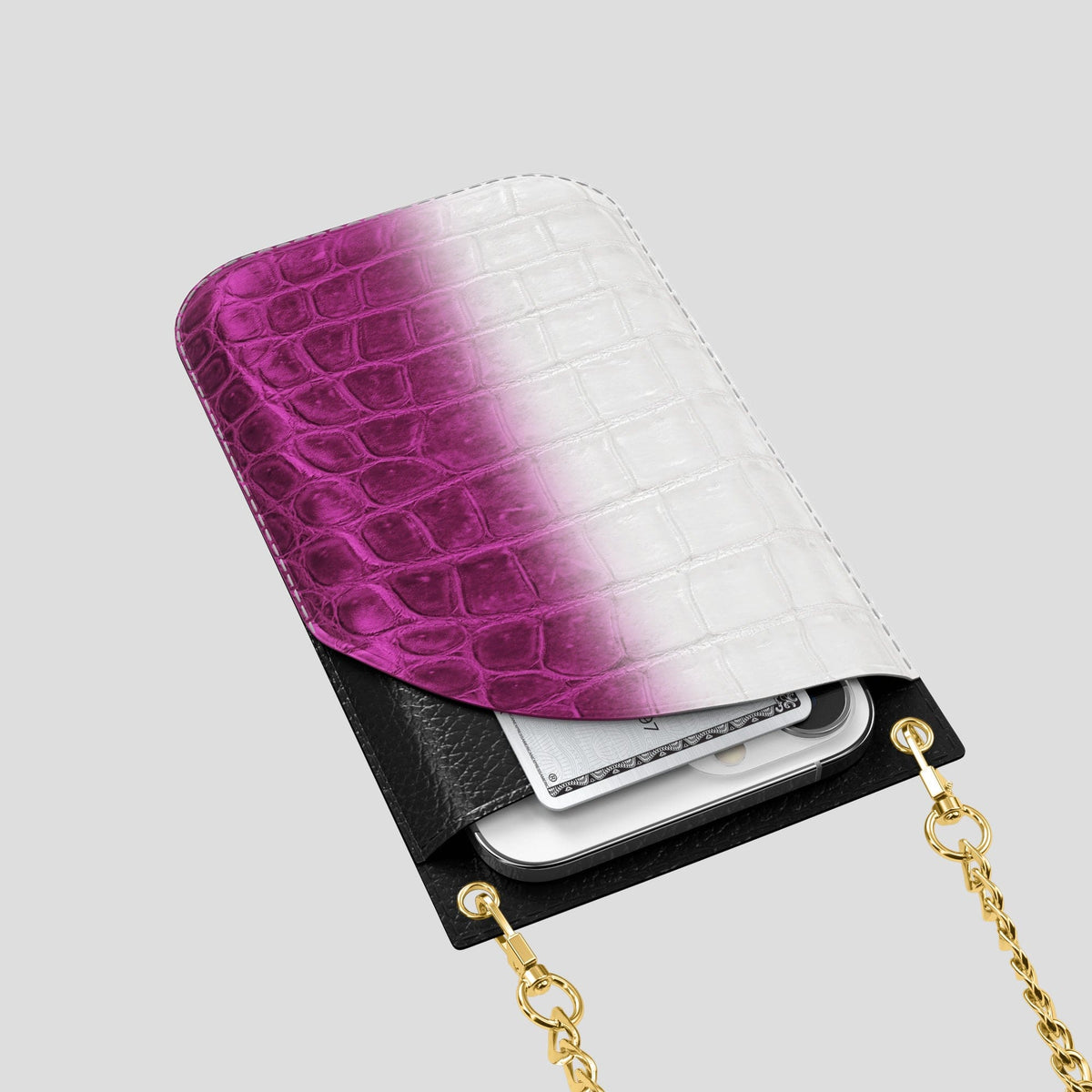 Fuchsia iPhone 14 Pro Crossbody Bag Himalayan Crocodile with Gold Metal -5 | Fuchsia-Gold