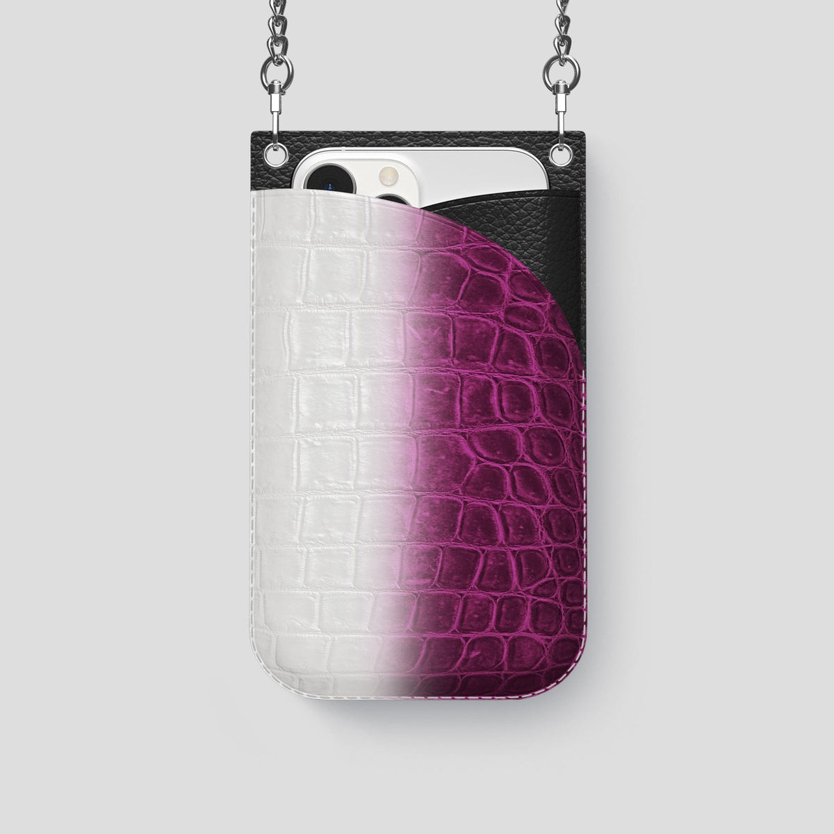 Fuchsia iPhone 14 Pro Crossbody Bag Himalayan Crocodile with Steel Metal -1 | Fuchsia-Steel