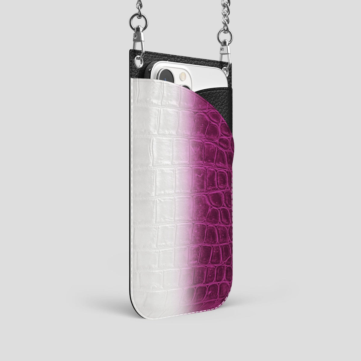 Fuchsia iPhone 14 Pro Crossbody Bag Himalayan Crocodile with Steel Metal -2 | Fuchsia-Steel