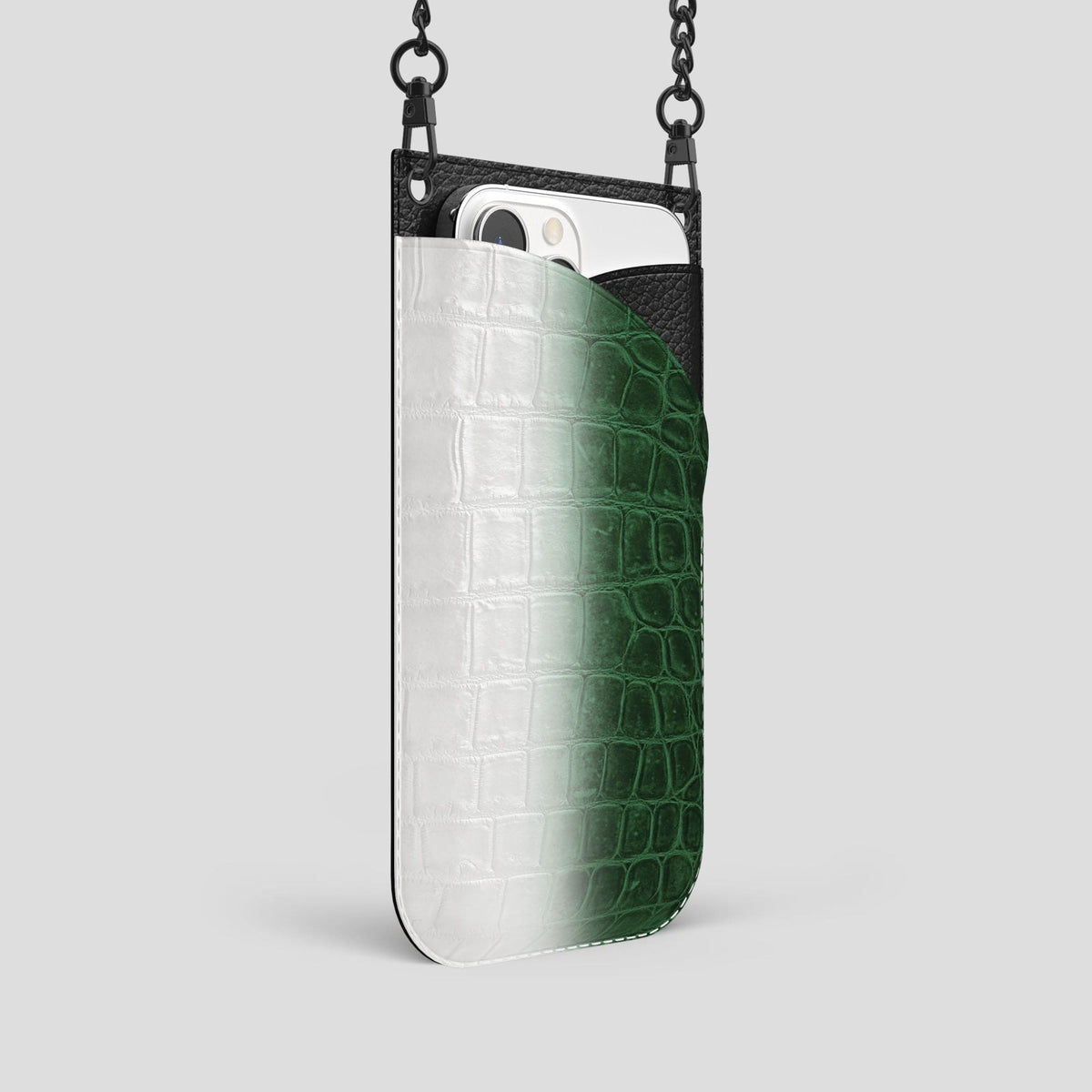 Green iPhone 14 Pro Crossbody Bag Himalayan Crocodile with Black Metal -2 | Green-Black
