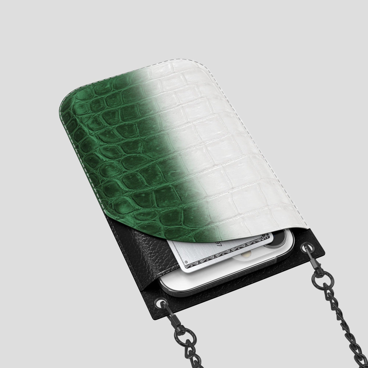 Green iPhone 14 Pro Crossbody Bag Himalayan Crocodile with Black Metal -5 | Green-Black
