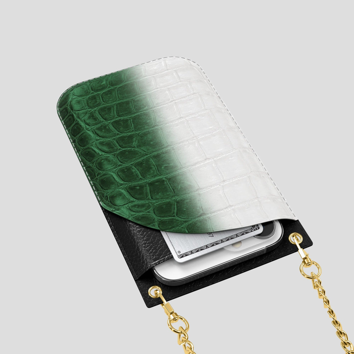 Green iPhone 14 Pro Crossbody Bag Himalayan Crocodile with Gold Metal -5 | Green-Gold