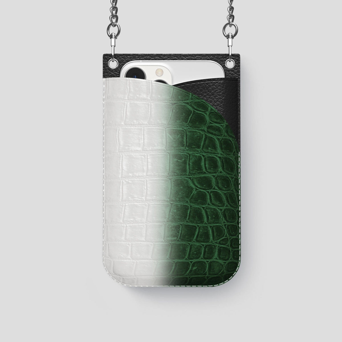 Green iPhone 14 Pro Crossbody Bag Himalayan Crocodile with Steel Metal -1 | Green-Steel