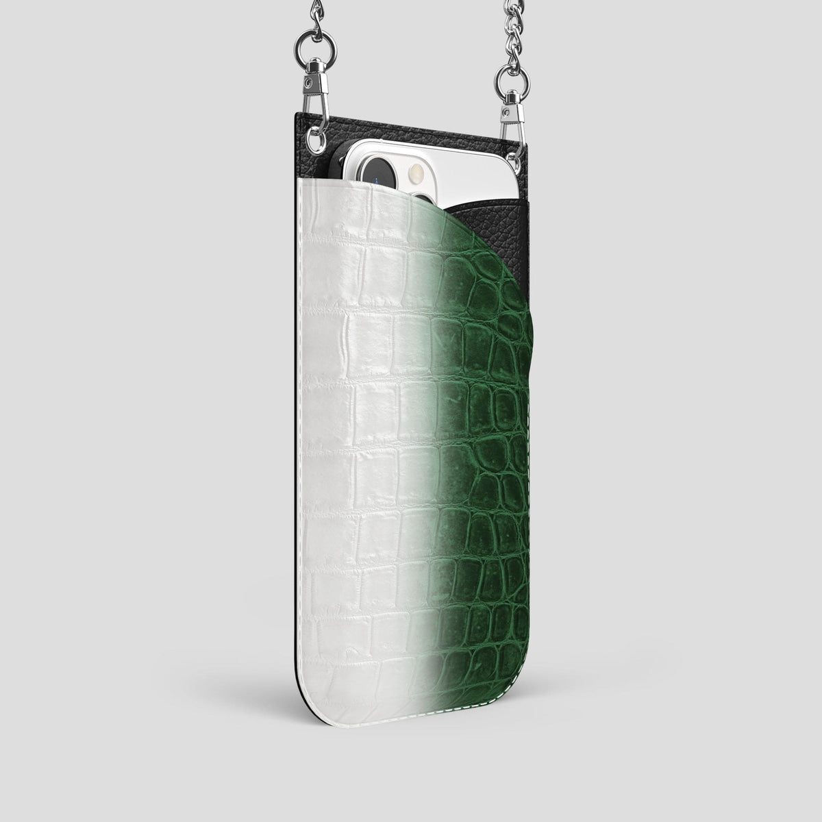 Green iPhone 14 Pro Crossbody Bag Himalayan Crocodile with Steel Metal -2 | Green-Steel