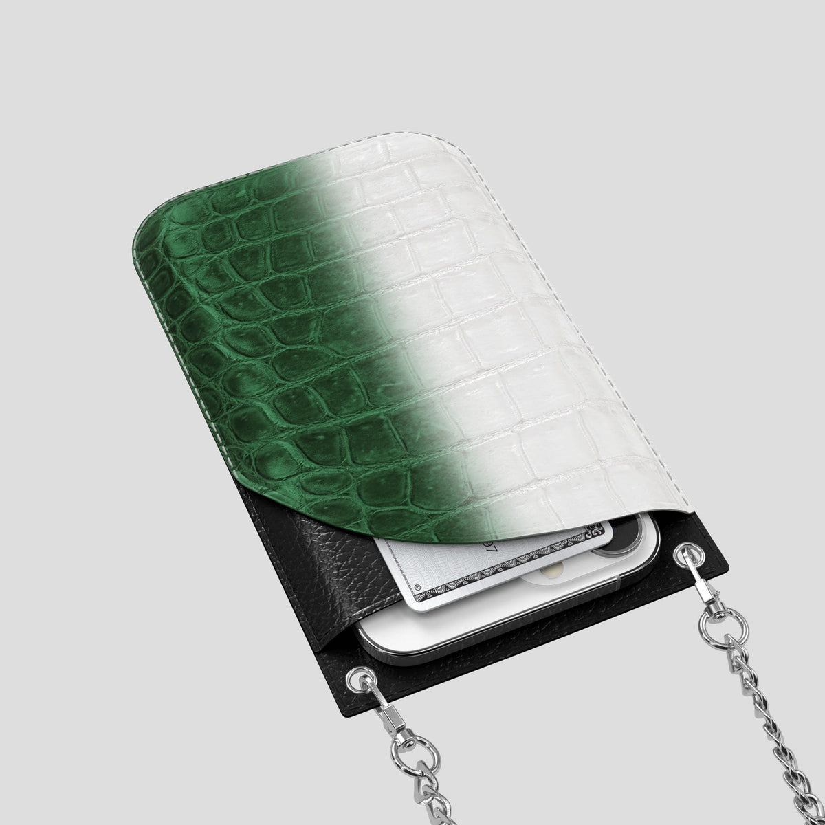 Green iPhone 14 Pro Crossbody Bag Himalayan Crocodile with Steel Metal -5 | Green-Steel