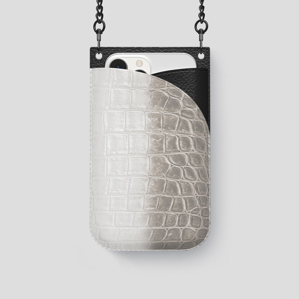 Grey iPhone 14 Pro Crossbody Bag Himalayan Crocodile with Black Metal -1 | Grey-Black