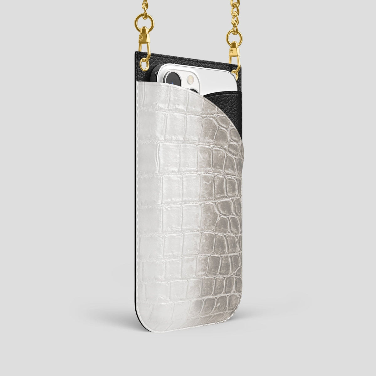 Light iPhone 14 Pro Crossbody Bag Himalayan Crocodile with Gold Metal -2 | Light-Gold