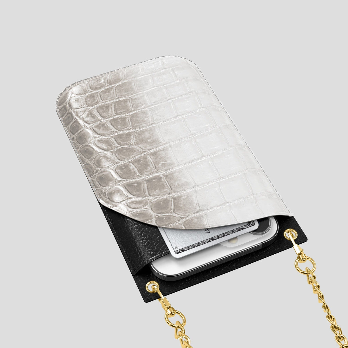 Light iPhone 14 Pro Crossbody Bag Himalayan Crocodile with Gold Metal -5 | Light-Gold