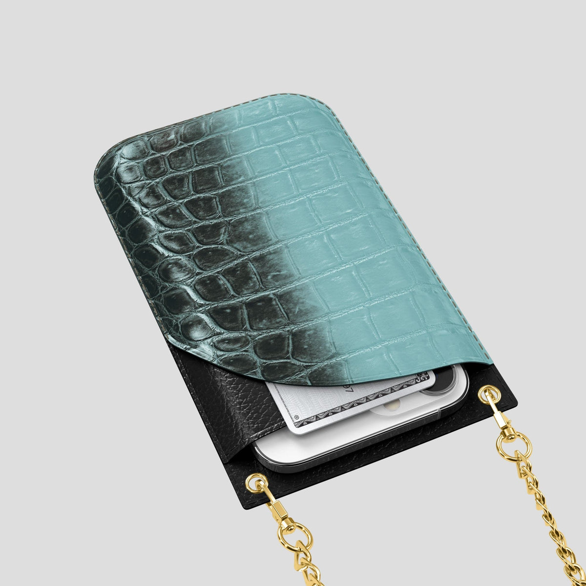 Light-Mint iPhone 14 Pro Crossbody Bag Himalayan Crocodile with Gold Metal -5 | Light-Mint-Gold