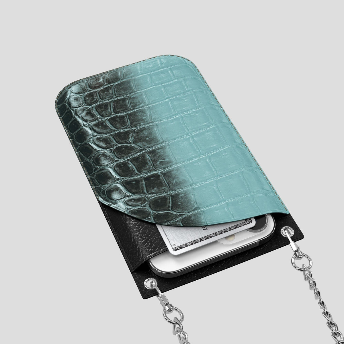 Light-Mint iPhone 14 Pro Crossbody Bag Himalayan Crocodile with Steel Metal -5 | Light-Mint-Steel