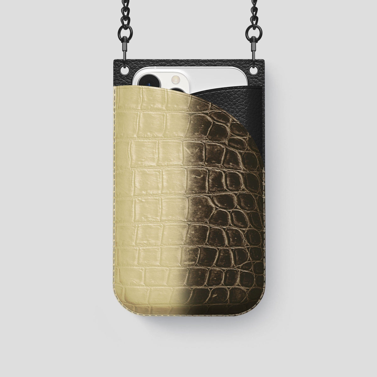 Natural iPhone 14 Pro Crossbody Bag Himalayan Crocodile with Black Metal -1 | Natural-Black