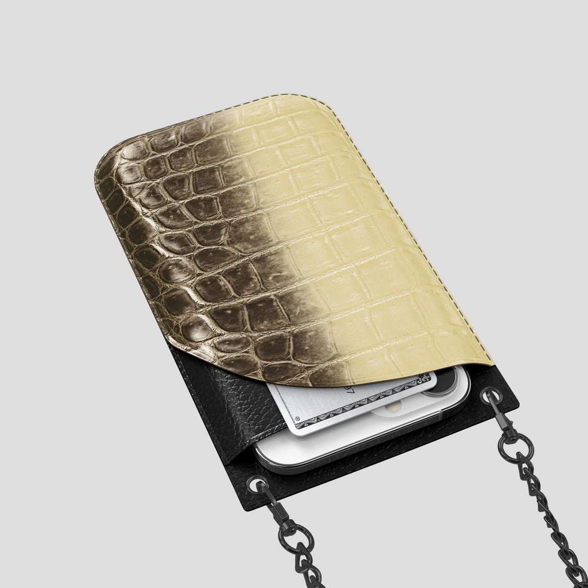 Natural iPhone 14 Pro Crossbody Bag Himalayan Crocodile with Black Metal -5 | Natural-Black