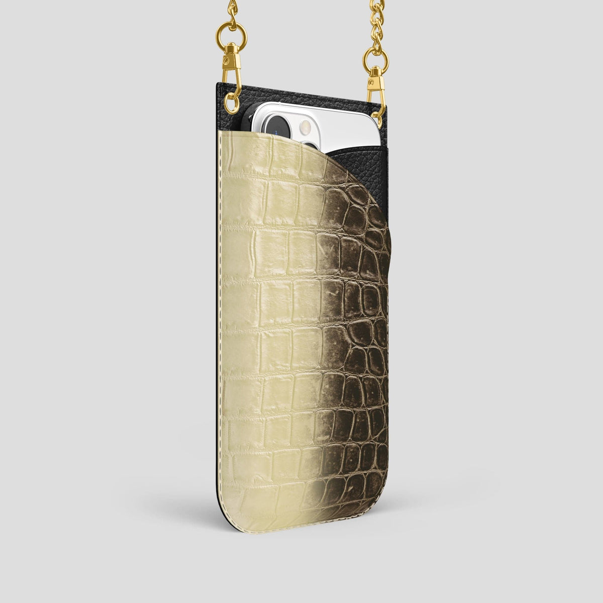 Natural iPhone 14 Pro Crossbody Bag Himalayan Crocodile with Gold Metal -2 | Natural-Gold