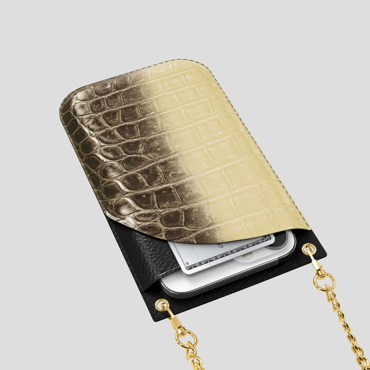 Natural iPhone 14 Pro Crossbody Bag Himalayan Crocodile with Gold Metal -5 | Natural-Gold