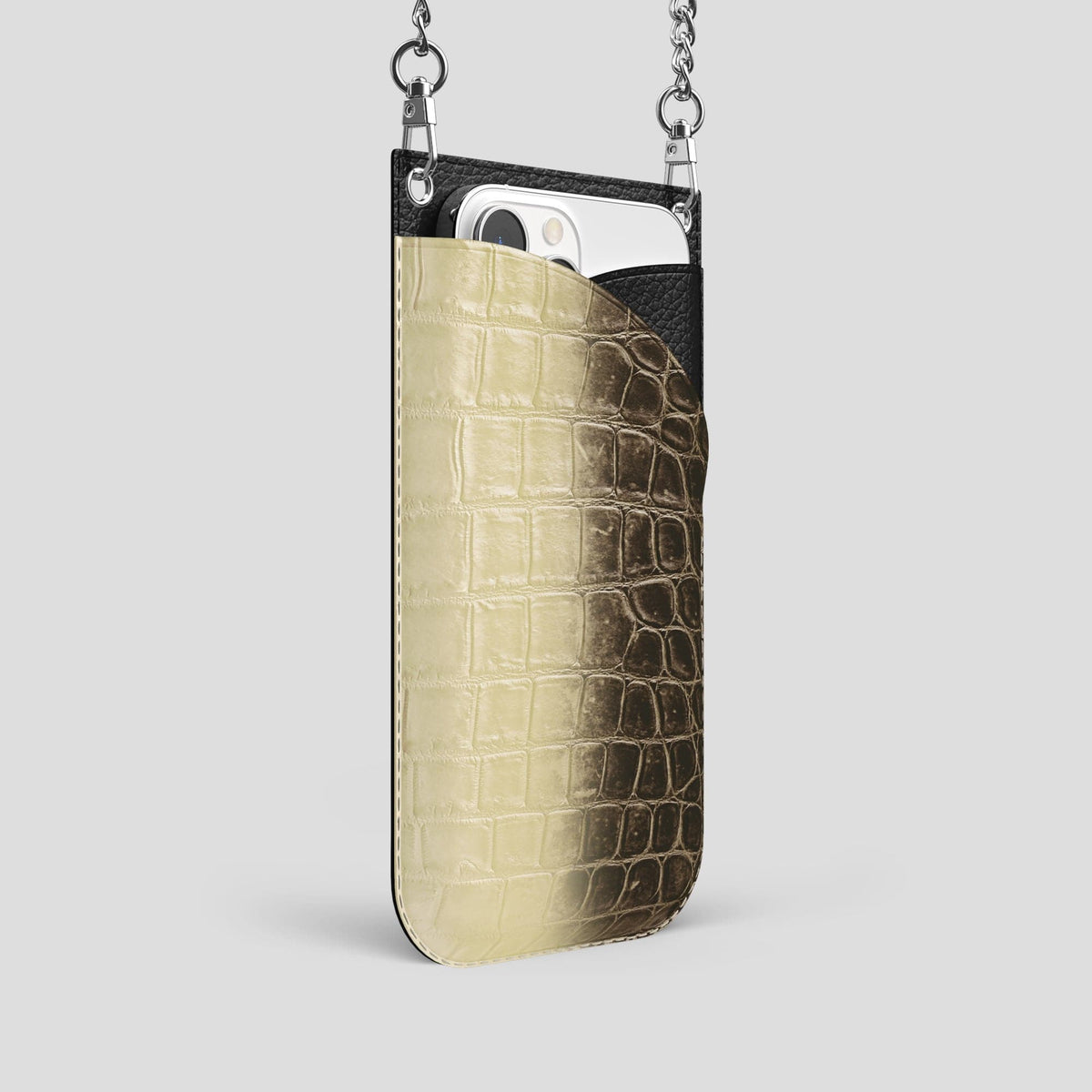 Natural iPhone 14 Pro Crossbody Bag Himalayan Crocodile with Steel Metal -2 | Natural-Steel