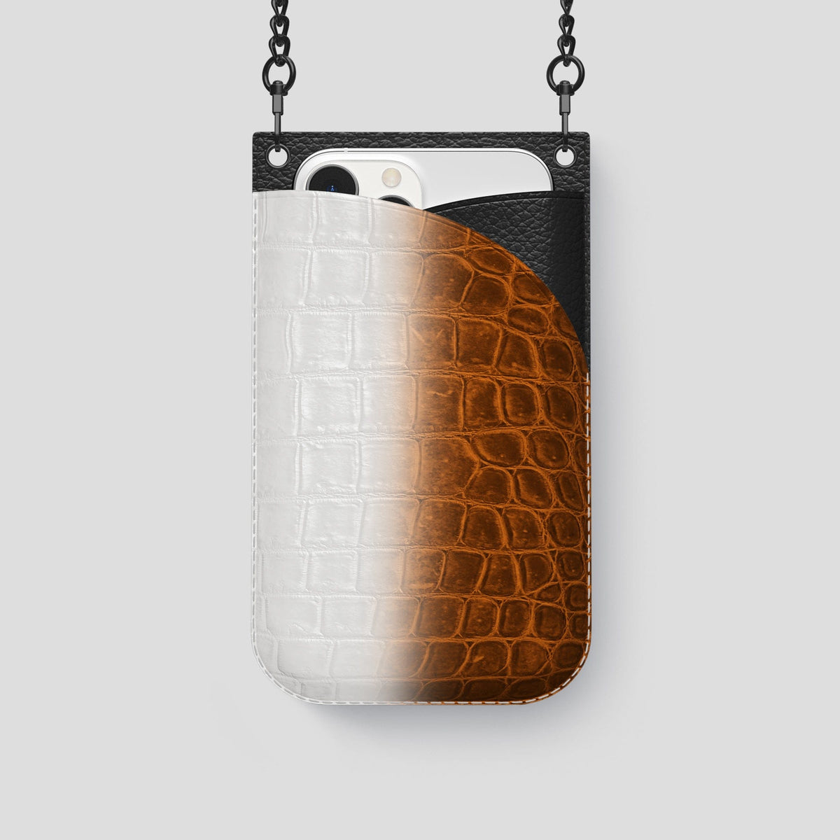 Orange iPhone 14 Pro Crossbody Bag Himalayan Crocodile with Black Metal -1 | Orange-Black