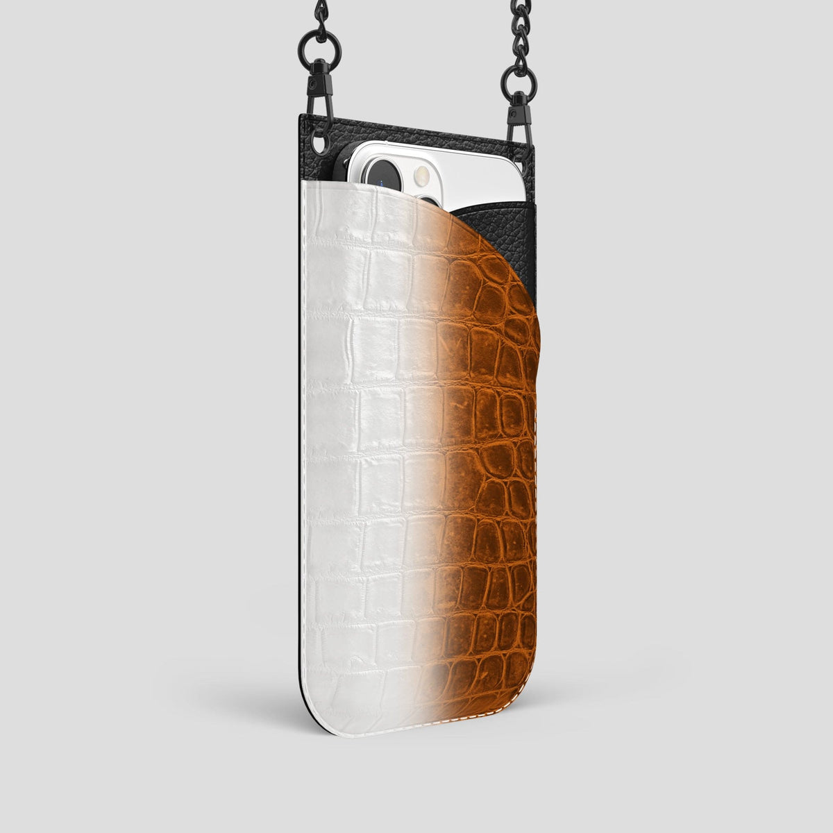 Orange iPhone 14 Pro Crossbody Bag Himalayan Crocodile with Black Metal -2 | Orange-Black