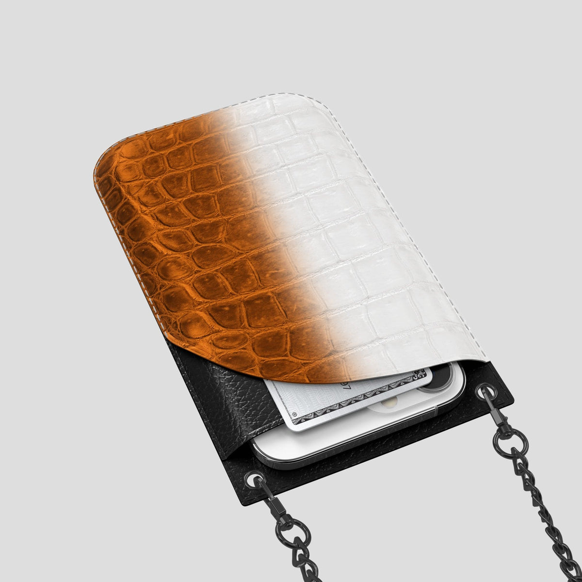Orange iPhone 14 Pro Crossbody Bag Himalayan Crocodile with Black Metal -5 | Orange-Black