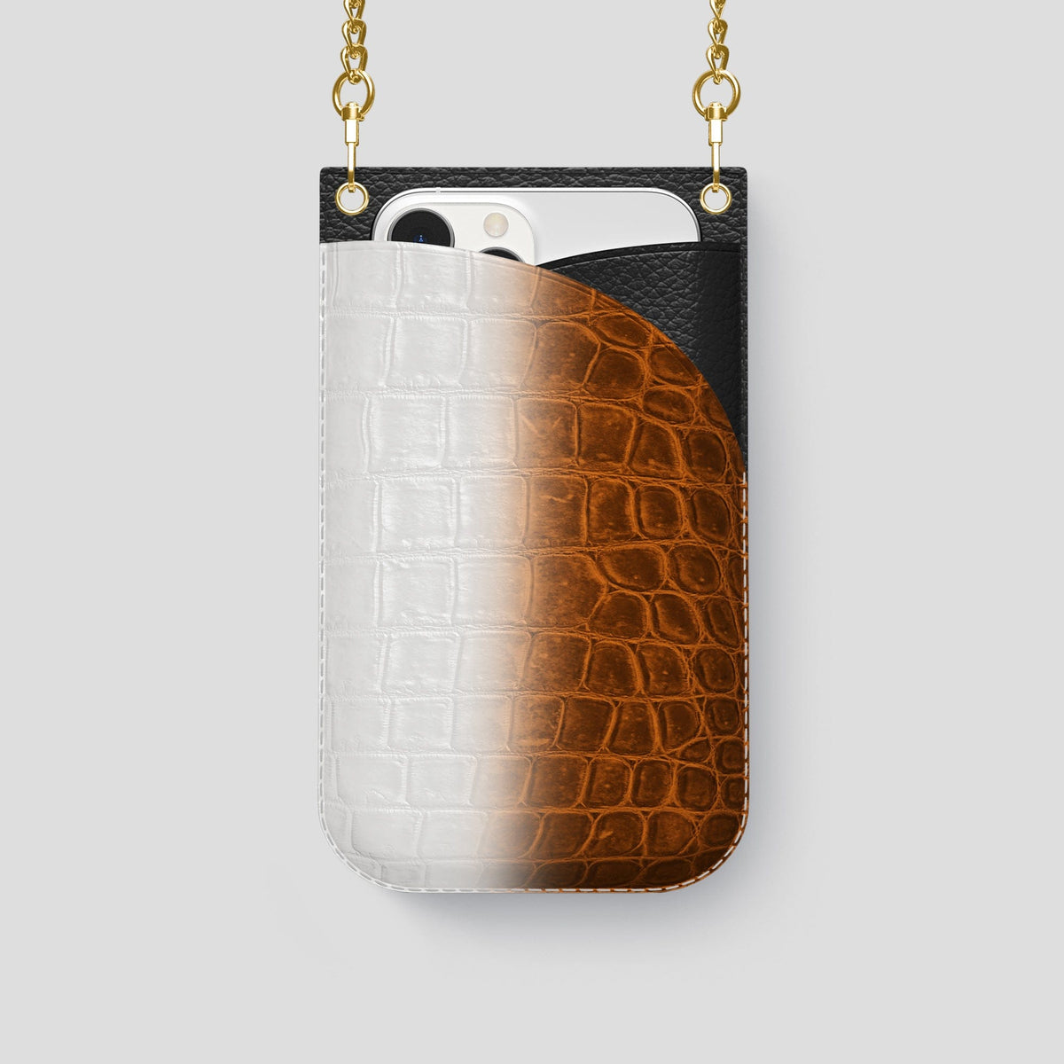 Orange iPhone 14 Pro Crossbody Bag Himalayan Crocodile with Gold Metal -1 | Orange-Gold