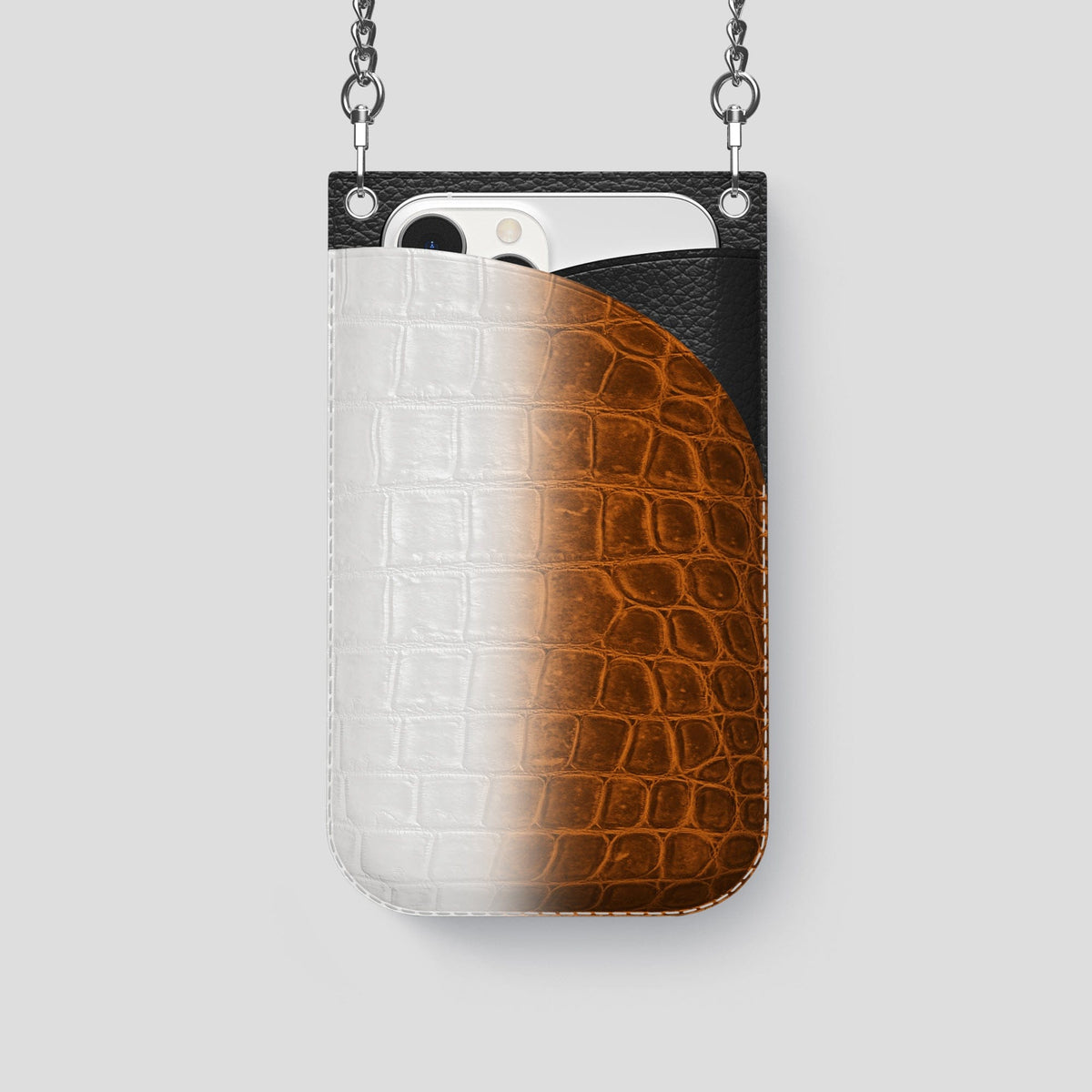 Orange iPhone 14 Pro Crossbody Bag Himalayan Crocodile with Steel Metal -1 | Orange-Steel