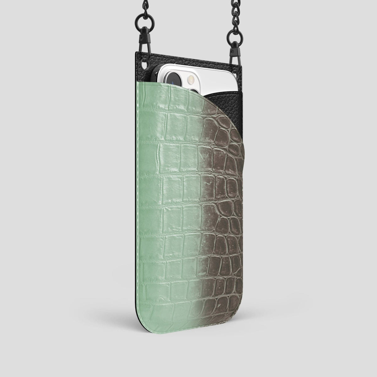 Pistachio iPhone 14 Pro Crossbody Bag Himalayan Crocodile with Black Metal -2 | Pistachio-Black