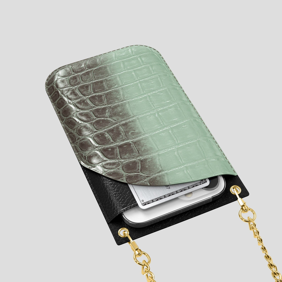Pistachio iPhone 14 Pro Crossbody Bag Himalayan Crocodile with Gold Metal -5 | Pistachio-Gold