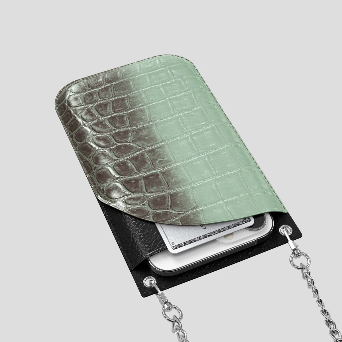 Pistachio iPhone 14 Pro Crossbody Bag Himalayan Crocodile with Steel Metal -5 | Pistachio-Steel