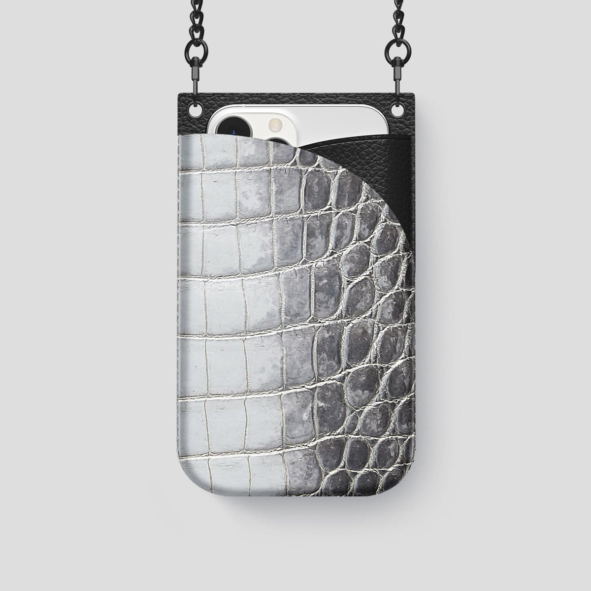 Silver iPhone 14 Pro Crossbody Bag Himalayan Crocodile with Black Metal -1 | Silver-Black