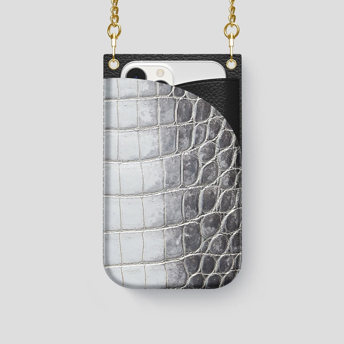 Silver iPhone 14 Pro Crossbody Bag Himalayan Crocodile with Gold Metal -1 | Silver-Gold