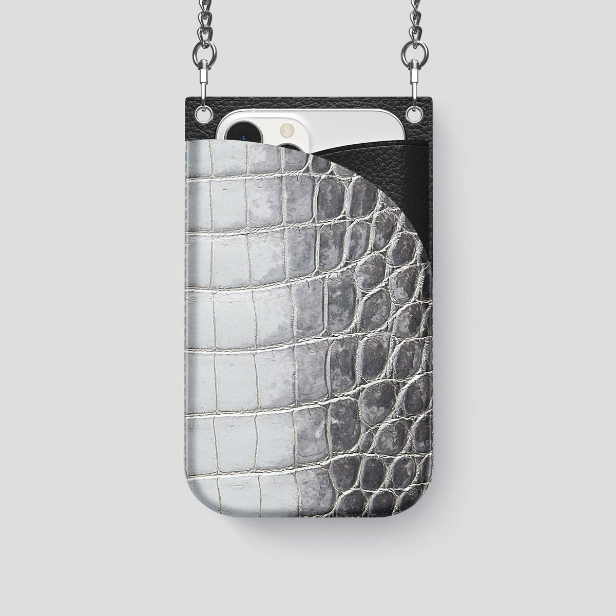 Silver iPhone 14 Pro Crossbody Bag Himalayan Crocodile with Steel Metal -1 | Silver-Steel