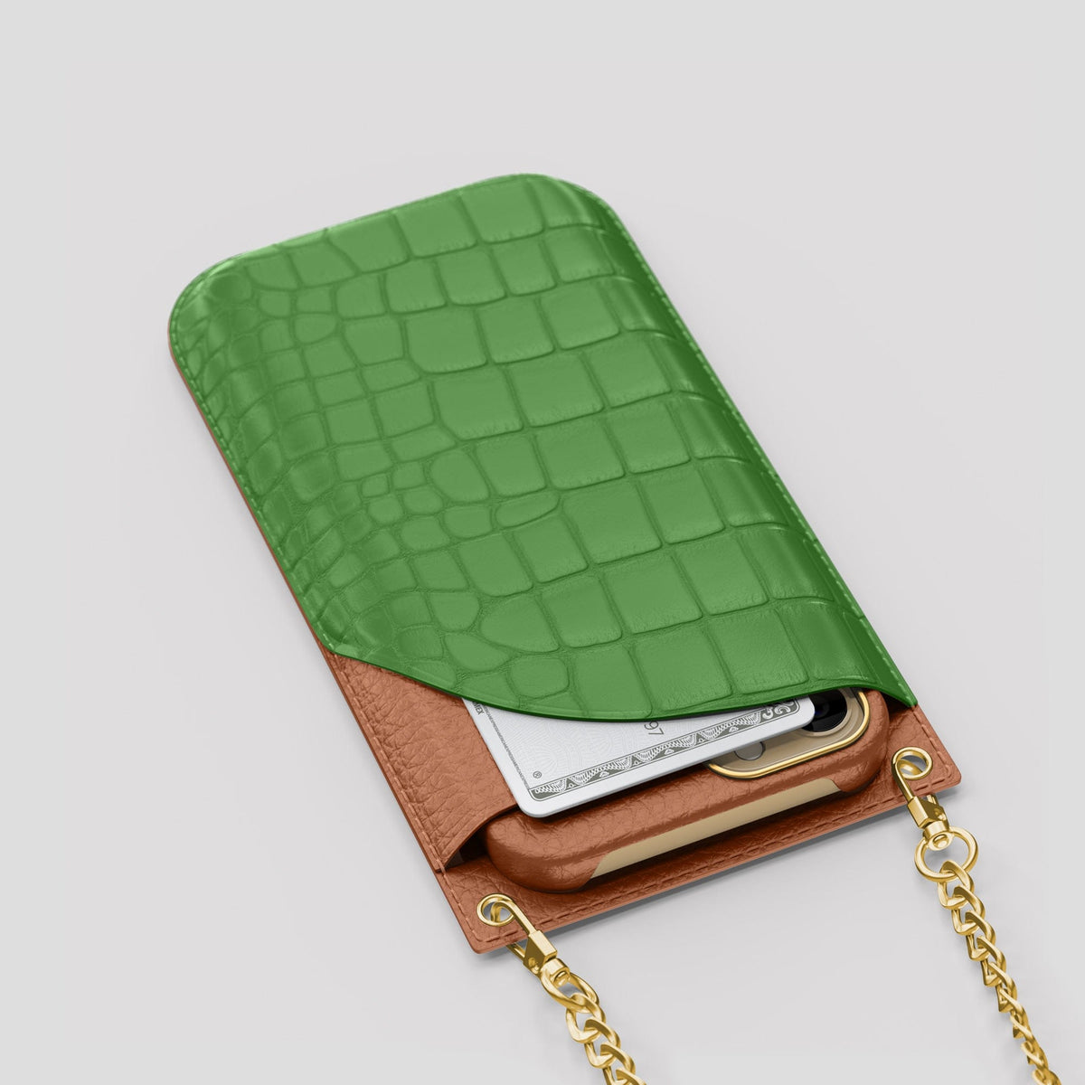 Apple-Green iPhone 14 Pro Max Crossbody Bag Alligator with Gold Metal -5 | Apple-Green-Gold