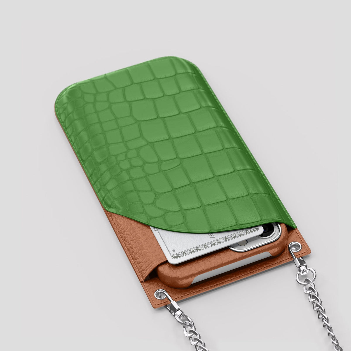 Apple-Green iPhone 14 Pro Max Crossbody Bag Alligator with Steel Metal -5 | Apple-Green-Steel
