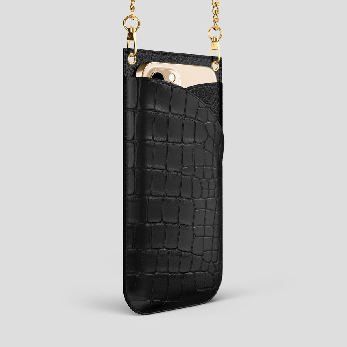 Black iPhone 14 Pro Max Crossbody Bag Alligator with Gold Metal -2 | Black-Gold