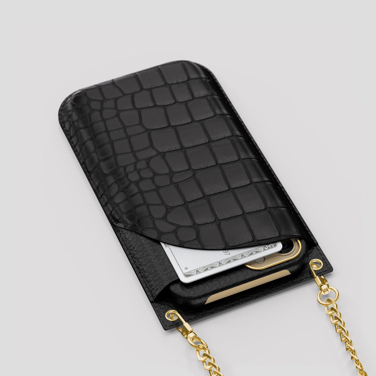 Black iPhone 14 Pro Max Crossbody Bag Alligator with Gold Metal -5 | Black-Gold