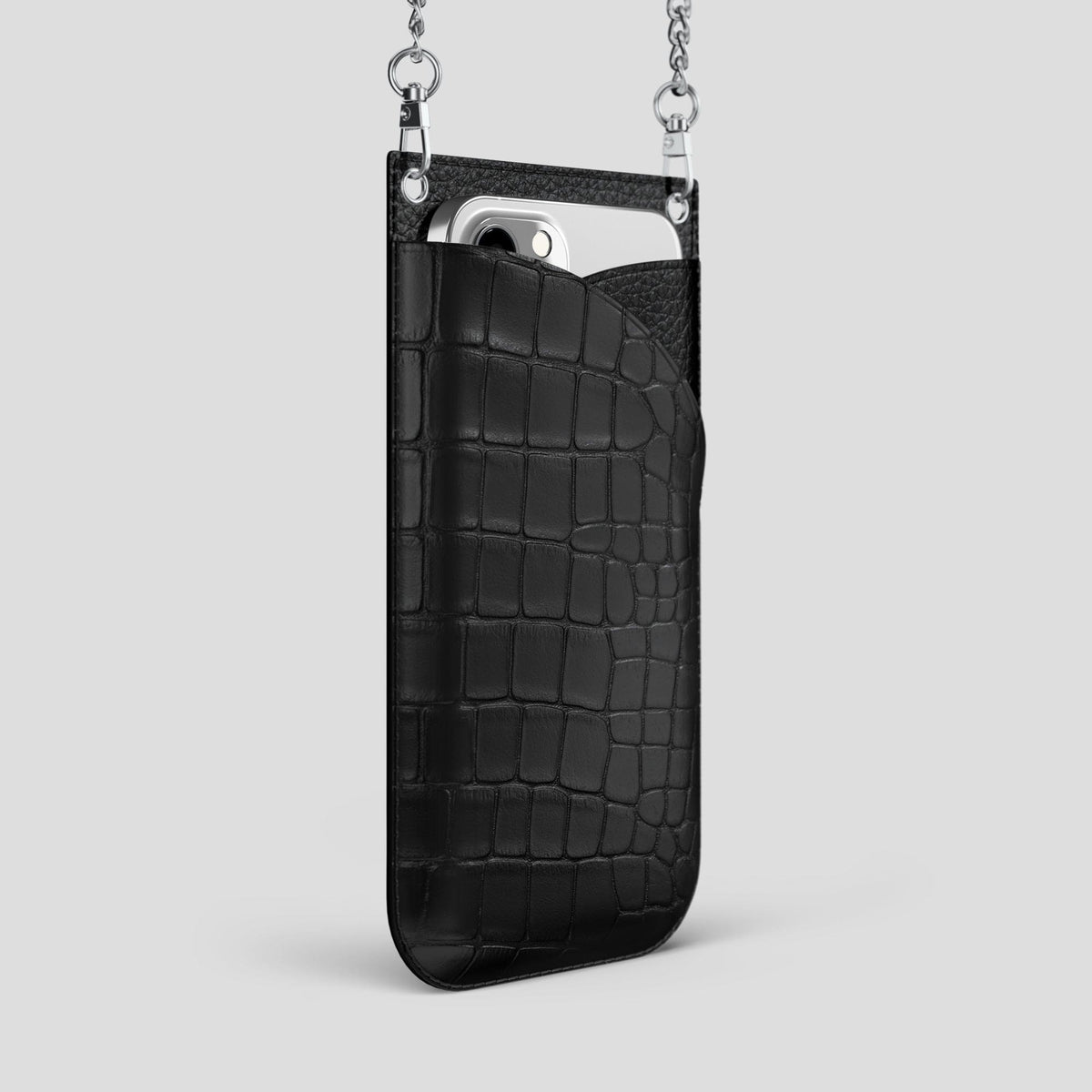 Black iPhone 14 Pro Max Crossbody Bag Alligator with Steel Metal -2 | Black-Steel