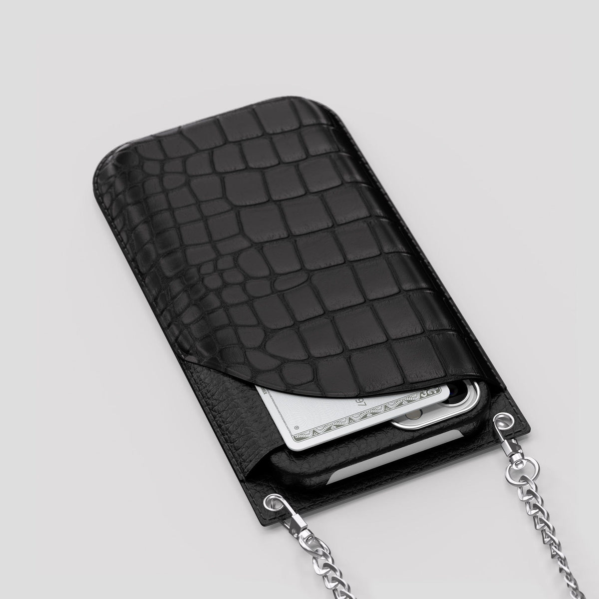 Black iPhone 14 Pro Max Crossbody Bag Alligator with Steel Metal -5 | Black-Steel