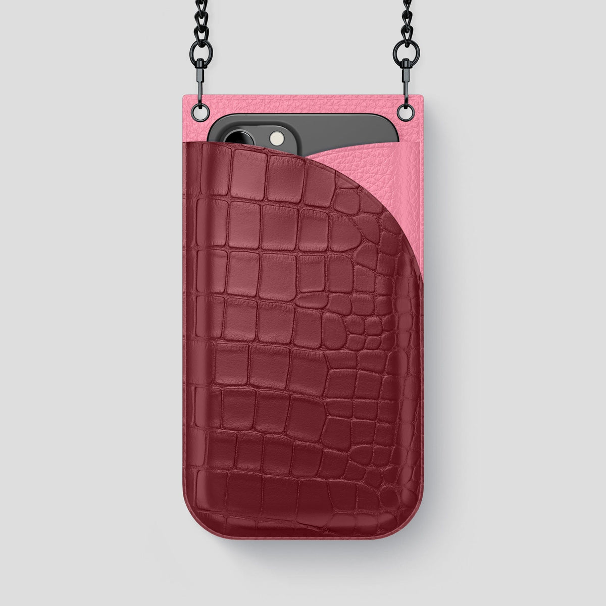 Burgundy iPhone 14 Pro Max Crossbody Bag Alligator with Black Metal -1 | Burgundy-Black