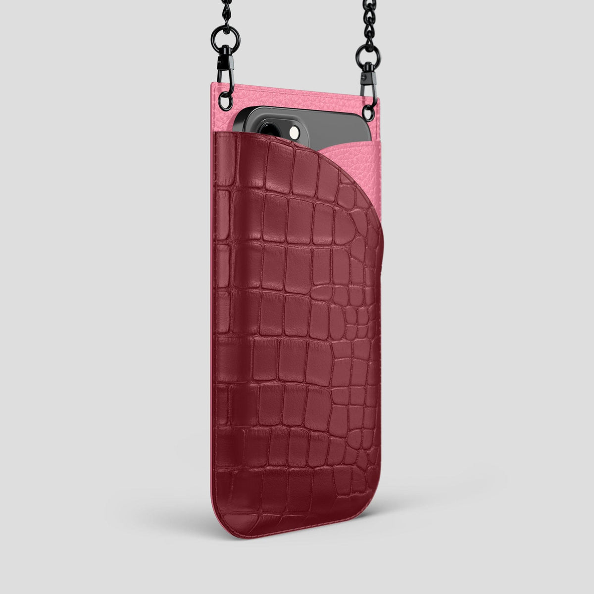Burgundy iPhone 14 Pro Max Crossbody Bag Alligator with Black Metal -2 | Burgundy-Black