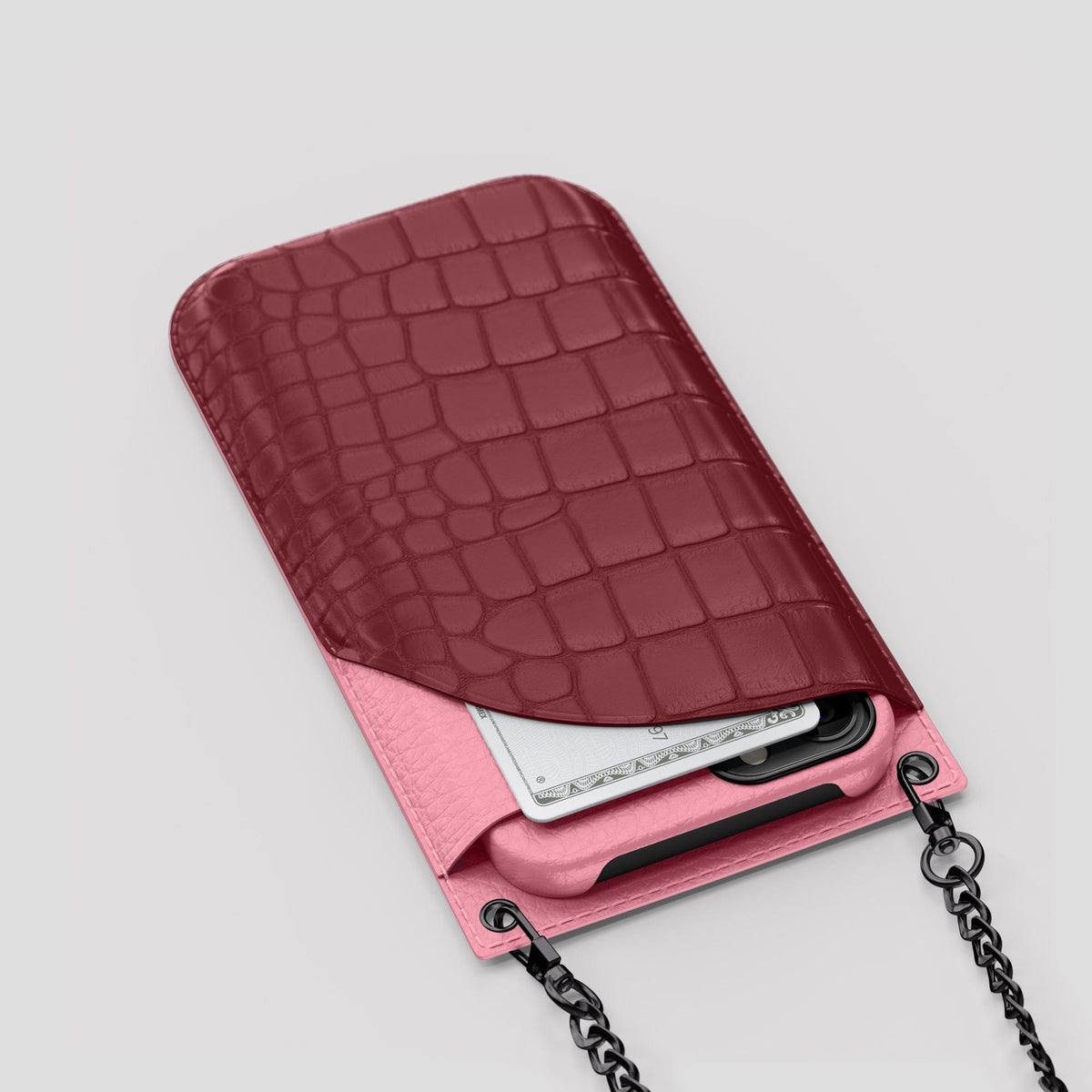 Burgundy iPhone 14 Pro Max Crossbody Bag Alligator with Black Metal -5 | Burgundy-Black