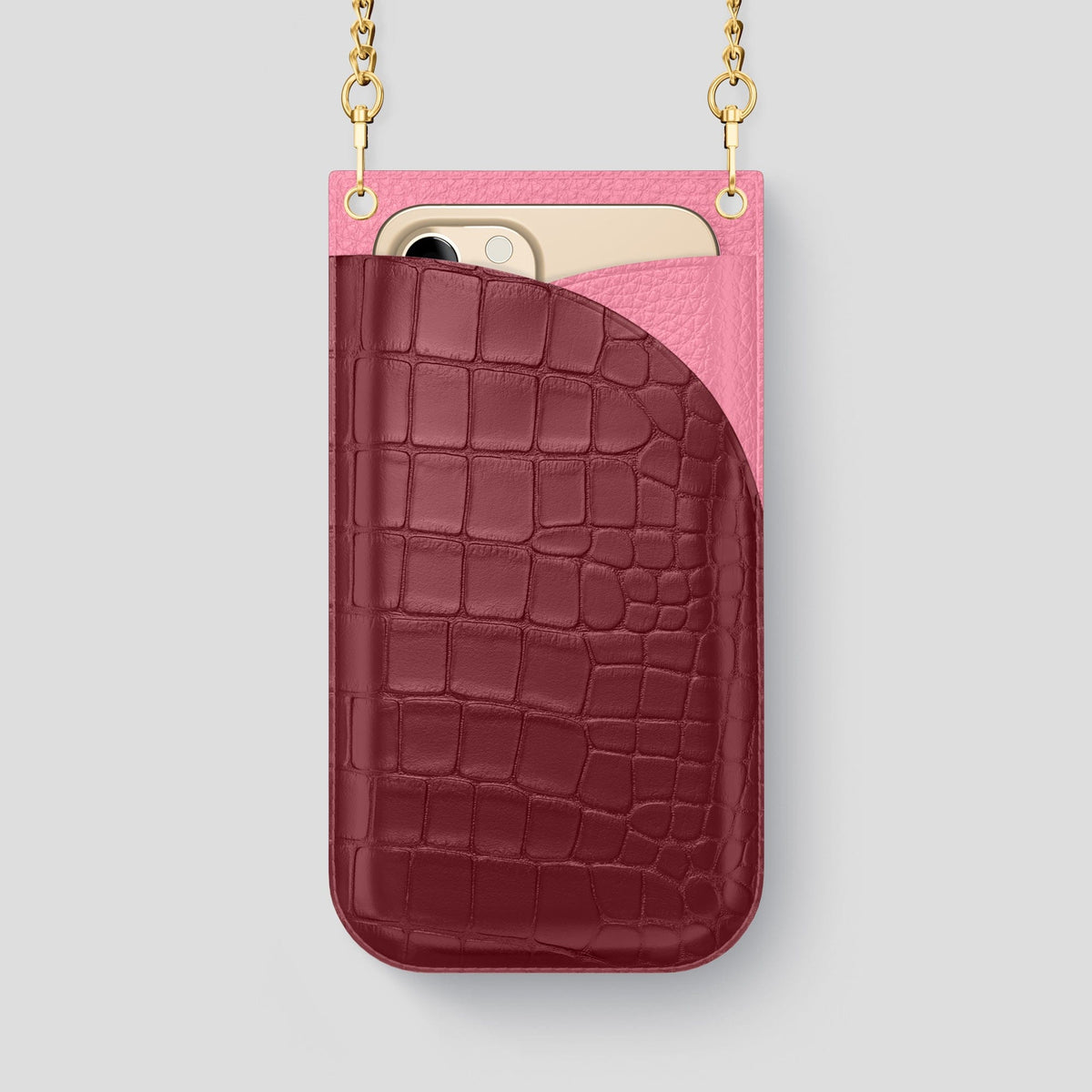 Burgundy iPhone 14 Pro Max Crossbody Bag Alligator with Gold Metal -1 | Burgundy-Gold