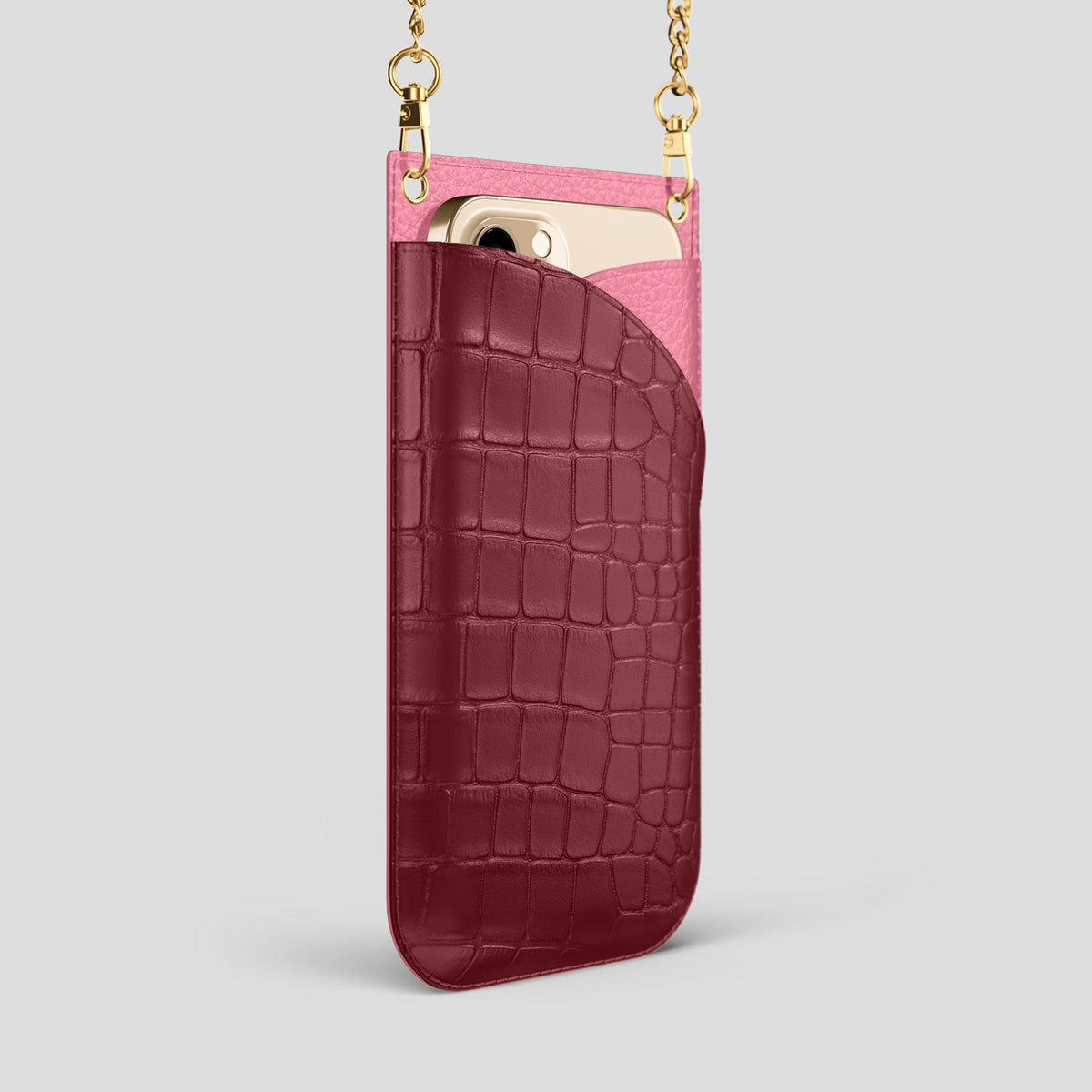 Burgundy iPhone 14 Pro Max Crossbody Bag Alligator with Gold Metal -2 | Burgundy-Gold